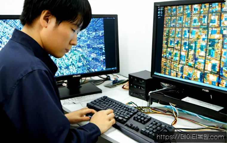 낙원동 STATUS_IMAGE_CORRUPTION - Photorealistic compact computer repair workstation in Nakwon-dong, Seoul, dual monitors showing abst...