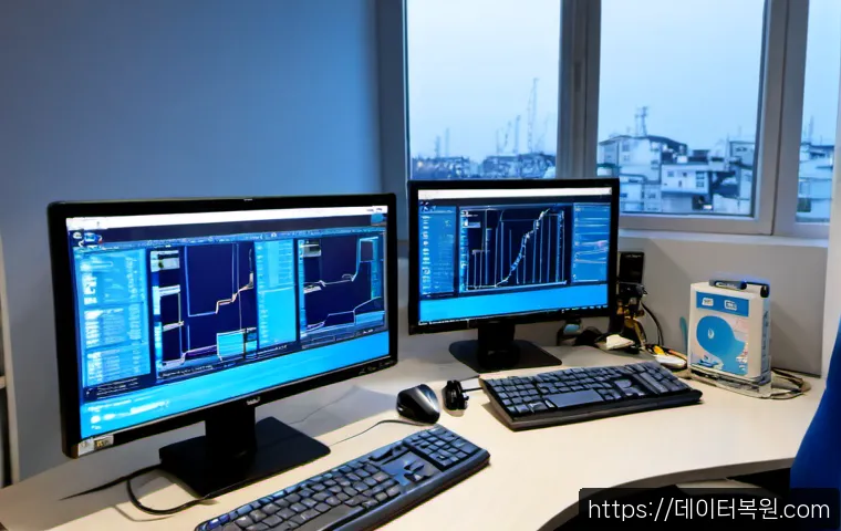가리봉 STATUS_KERNEL_MODULE_INVALID - Photorealistic IT support workstation in a compact Garibong apartment office, dual monitors showing ...