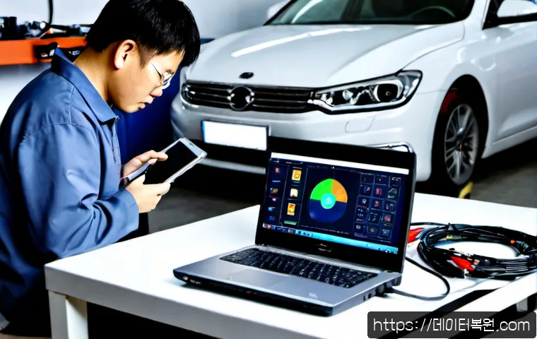 내자동 STATUS_KERNEL_BOOT_DRIVE_ERROR - Photorealistic automotive diagnostics workstation in a modern Korean repair garage, technician using...