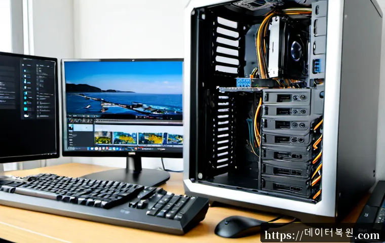 신평동 pc복구중 - Photorealistic PC recovery workstation in a compact Sinpyeong-dong apartment, technician carefully r...