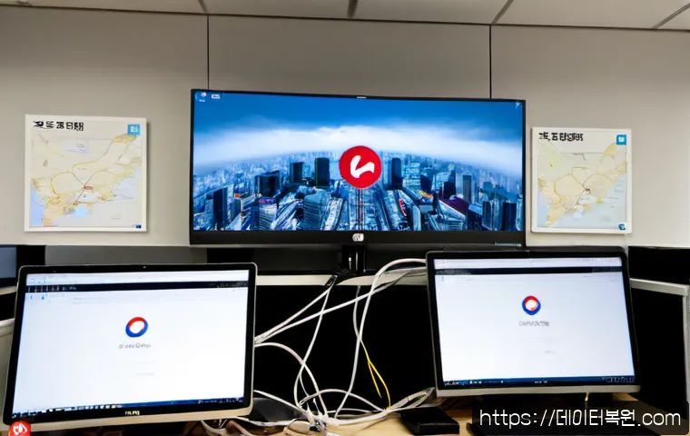 문봉동 STATUS_NETWORK_ACCESS_DENIED - Photorealistic IT support workstation in a compact Munbong-dong office, dual monitors showing abstra...