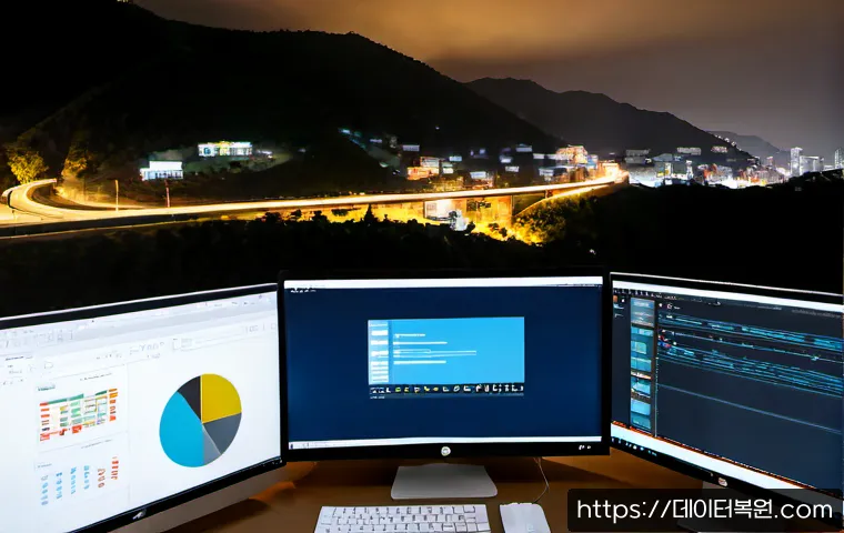 성현동 STATUS_DATATYPE_MISALIGNMENT - Photorealistic software support workstation in a compact Seoul apartment office, dual monitors showi...