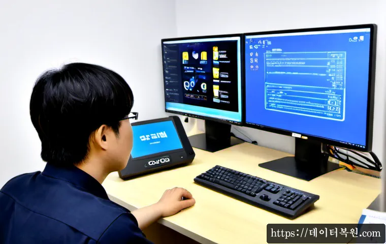 삼각동 STATUS_KERNEL_SECURITY_CHECK - Photorealistic IT support workstation in a compact Samgak-dong office, dual monitors showing a textl...