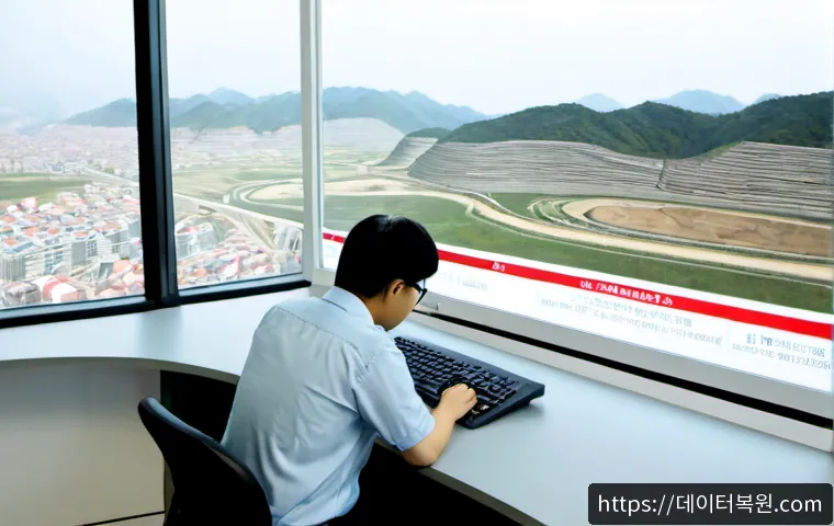대장동 STATUS_UNSUCCESSFUL - Photorealistic architectural workstation in a modern new-town planning office, dual monitors showing...