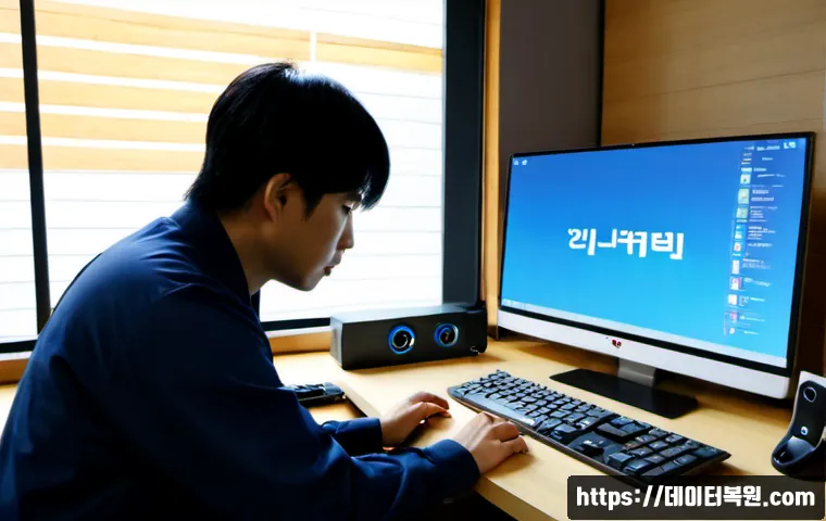 운니동 FAT_FILE_SYSTEM - Photorealistic remote IT support workstation in a refined Unni-dong office, desktop monitor showing ...