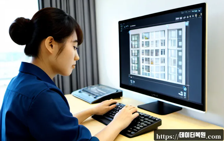 송포동 STATUS_DISK_NOT_INITIALIZED - Photorealistic Songpo-dong architecture studio workstation, Korean designer reviewing a detailed apa...