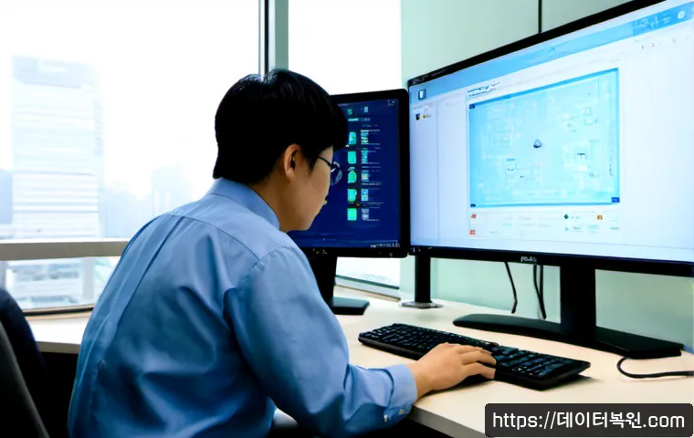 서소문동 DRIVER_POWER_STATE_FAILURE - Photorealistic IT support workstation in a modern Seosomun-dong office tower, dual monitors showing ...