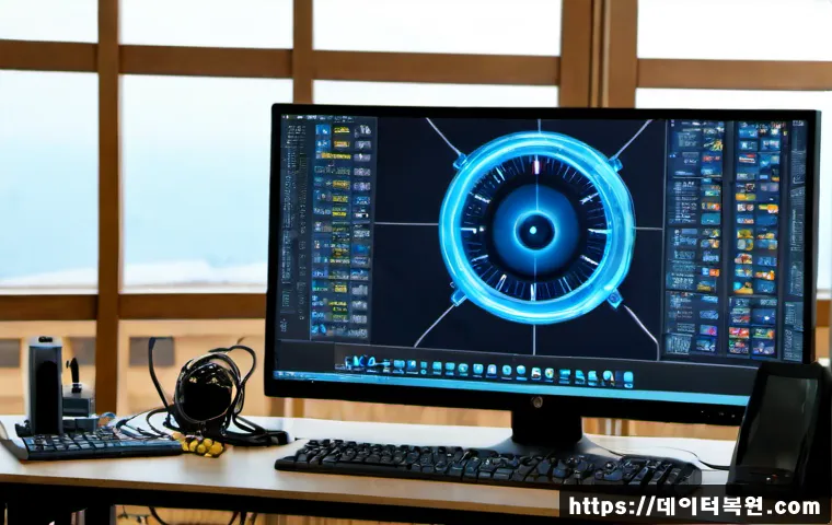안국동 BAD_POOL_CALLER - Photorealistic IT support workstation in a quiet Anguk-dong office, dual monitors showing a blank bl...