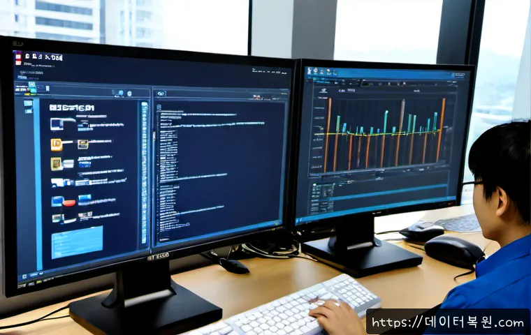 일산 STATUS_SYSTEM_PROCESS_TERMINATED - Photorealistic remote IT support workstation in a modern Ilsan office, dual monitors showing abstrac...
