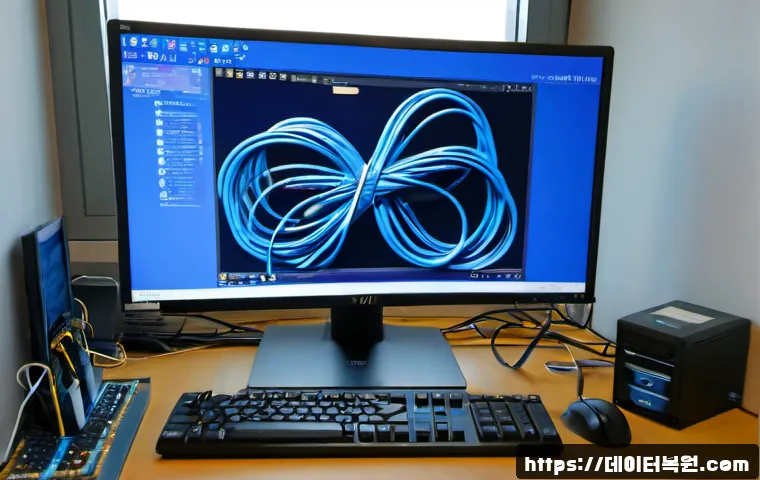 수유동 FAT32_FILE_SYSTEM - Photorealistic IT support workstation in a compact Suyu-dong office, desktop monitor showing an abst...