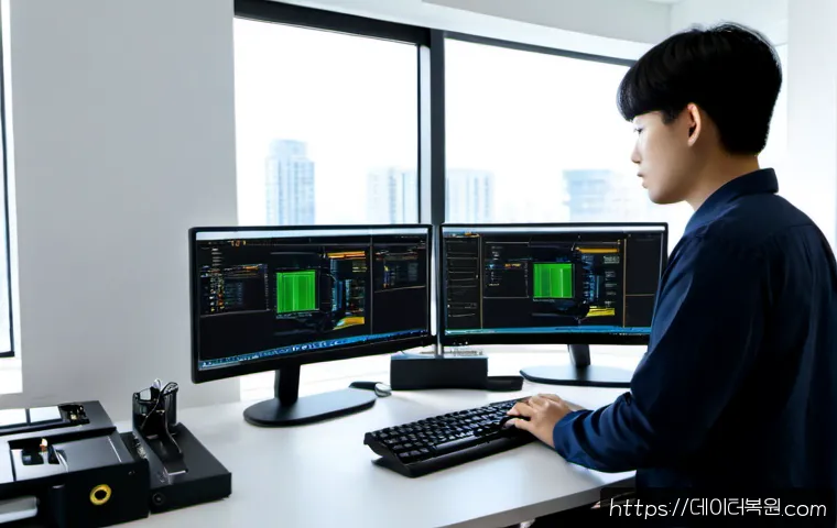개포동 DRIVER_IRQL_NOT_LESS_OR_EQUAL - Photorealistic IT support workstation in a modern Gaepo-dong apartment office, dual monitors showing...