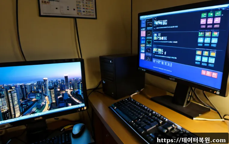 화양동 STATUS_PAGEFILE_MISSING - Photorealistic IT support workstation in a compact university-neighborhood office, dual monitors sho...