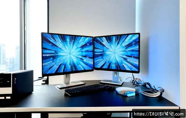 발산동 PAGE_FAULT_IN_NONPAGED_AREA - Photorealistic IT support workstation in a compact Balsan-dong office, dual monitors showing a froze...