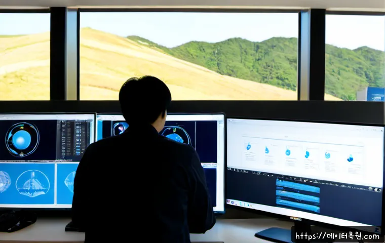 동소문동 SYSTEM_THREAD_EXCEPTION_NOT_HANDLED - Photorealistic IT support workstation in a compact Dongdaemun-area office, dual monitors showing a n...