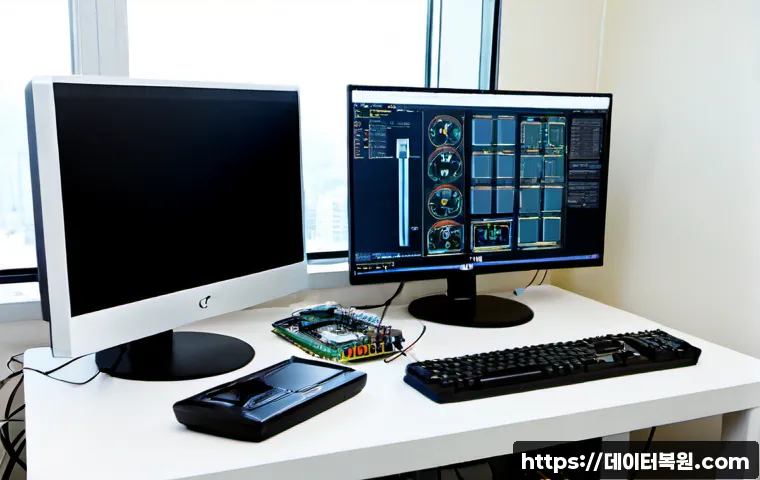 창동 HARDWARE_FAILURE - Photorealistic electronics repair workstation in Chang-dong, Seoul, opened desktop tower with a fail...
