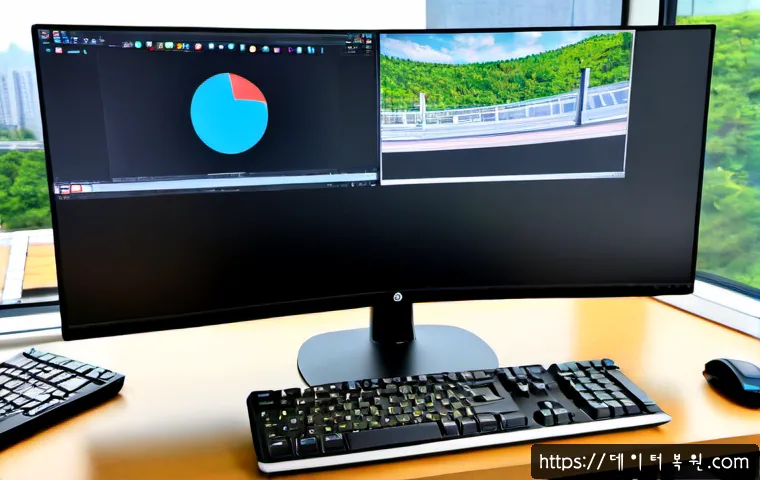 오륜동 VIDEO_MEMORY_MANAGEMENT_INTERNAL - Photorealistic remote IT support workstation in Oryun-dong, dual monitors showing abstract 3D memory...