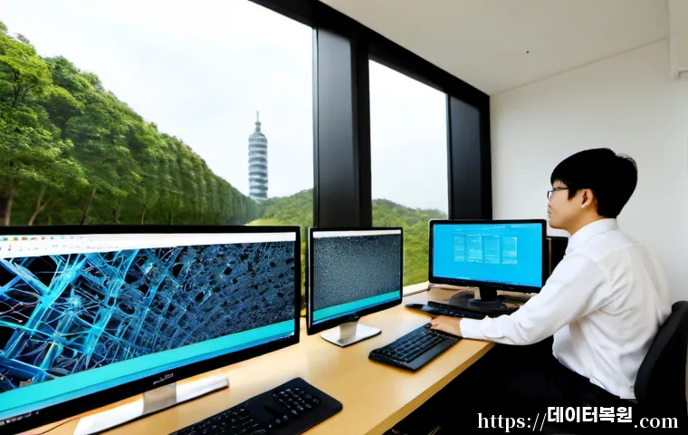 양재동 STATUS_MEMORY_VIOLATION - Photorealistic software engineer workstation in Yangjae-dong, dual monitors showing a non-branded 3D...