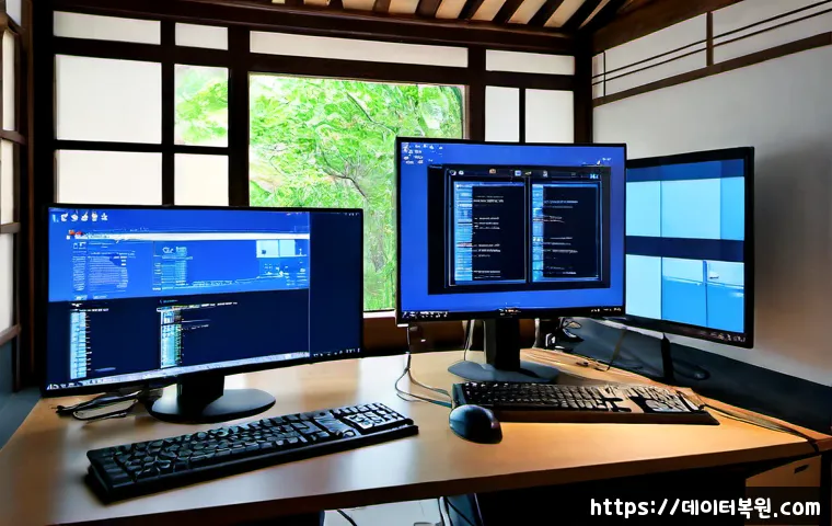 원서동 IO1_INITIALIZATION_FAILED - Photorealistic remote-support workstation in a quiet historic Seoul neighborhood studio, dual monito...
