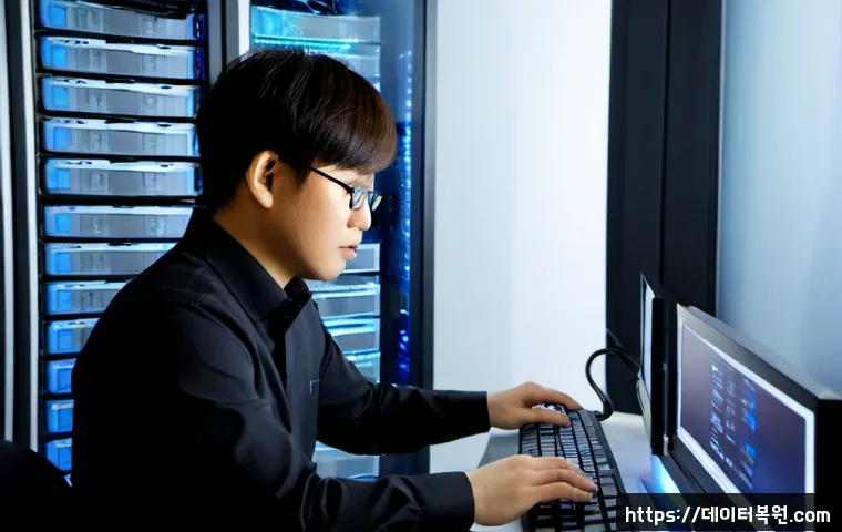 상면 SESSION_HAS_NO_PAGEFILE - Photorealistic enterprise workstation in a Korean data-center colocation suite, systems engineer stu...
