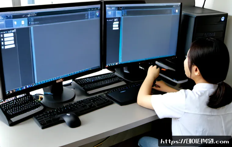 소하동 STATUS_DEVICE_OFFLINE - Photorealistic IT support workstation in a compact Soha-dong office, dual monitors showing a blank i...