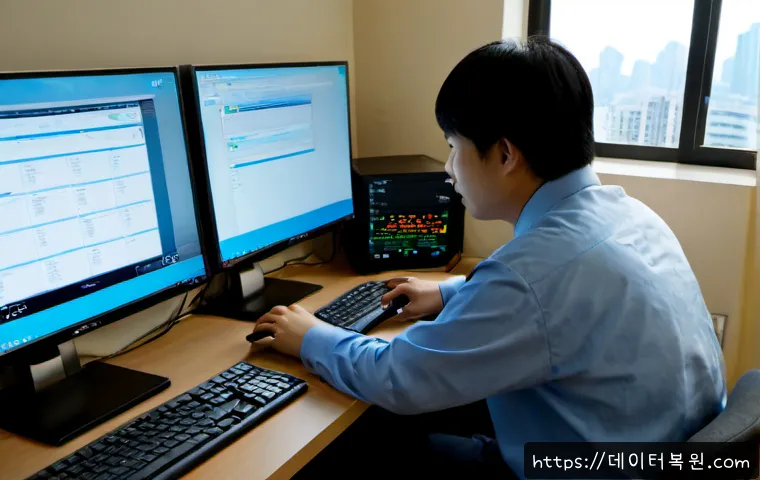 대방동 STATUS_INVALID_THREAD - Photorealistic IT support workstation in a compact Daebang-dong apartment office, dual monitors show...
