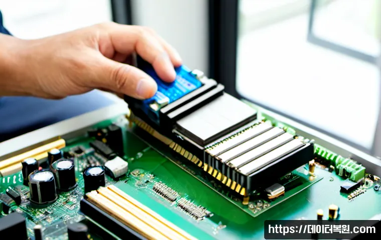 마포동 RAM조립 및 교체수리 - Photorealistic close-up of a skilled computer technician installing matched RAM modules into a clean...