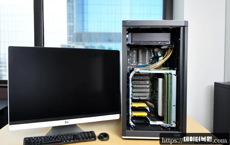 저동 STATUS_DISK_CORRUPTION - Photorealistic IT support workstation in a compact Jeodong office, technician examining an opened de...