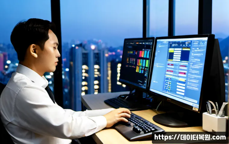명동 STATUS_DISK_READ_FAILURE - Photorealistic modern IT support workstation in a compact Myeongdong office tower, dual monitors sho...
