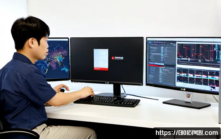 남영동 STATUS_PROTECTION_ERROR - Photorealistic IT support workstation in a compact Namyeong-dong office, dual monitors showing a cle...