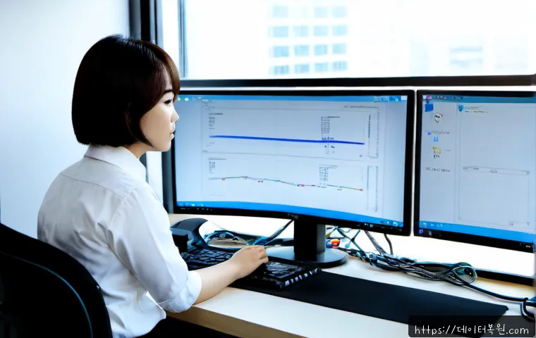 원남동 NDIS_INTERNAL_ERROR - Photorealistic IT support workstation in a compact Wonam-dong office, dual monitors showing a clean ...