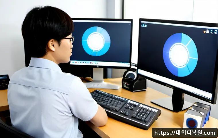 부림동 FAT_FILE_SYSTEM - Photorealistic IT support workstation in a compact Burim-dong office, dual monitors showing a clean ...