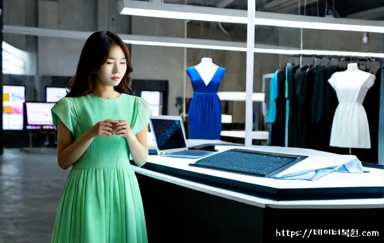 동대문 STATUS_SESSION_TIMEOUT - Photorealistic fashion design workstation in Dongdaemun-inspired garment district, exhausted designe...