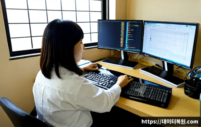 녹번동 pc복구중 - Photorealistic PC recovery workstation in a compact Nokbeon-dong apartment office, technician carefu...