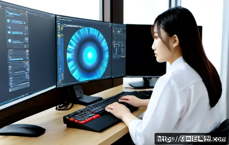 막계동 STATUS_KERNEL_DISK_ERROR - Photorealistic IT support workstation in a quiet modern office near a wooded suburban district, dual...