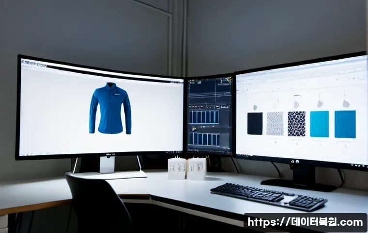 오장동 STATUS_PAGEFILE_MISSING - Photorealistic high-end workstation in a compact Ojang-dong textile district studio, dual monitors s...