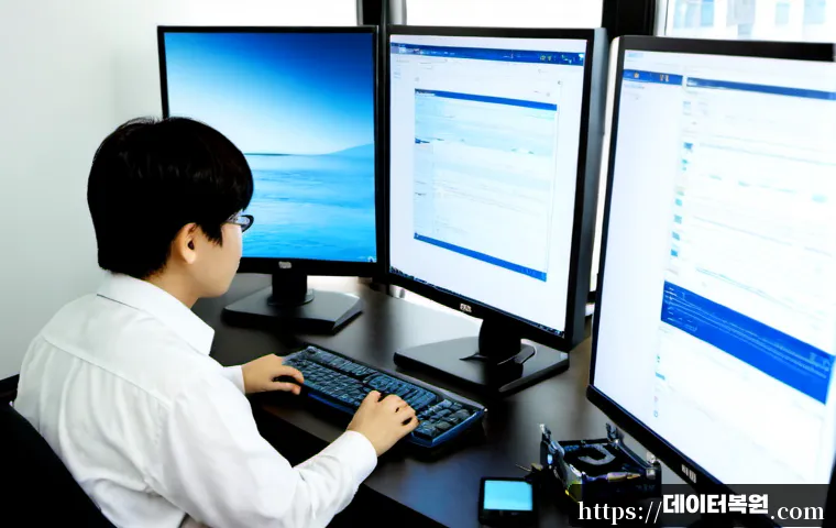 용신동 PFN_LIST_CORRUPT - Photorealistic remote IT support workstation in Yongshin-dong, Seoul, dual monitors showing an abstr...