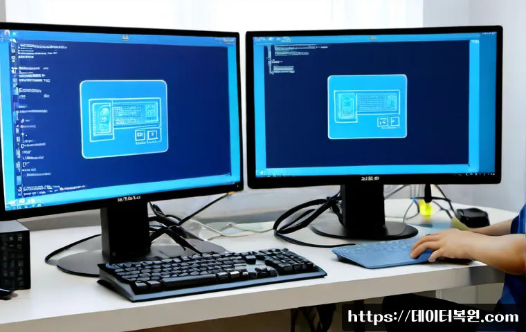 면목동 STATUS_KERNEL_THREAD_FAILURE - Photorealistic desktop workstation in a compact Myeonmok-dong apartment office, dual monitors showin...