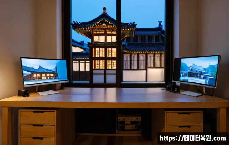 팔판동 절전모드 - Photorealistic architectural CAD workstation in a quiet Bukchon-style studio near Palpan-dong, dual ...