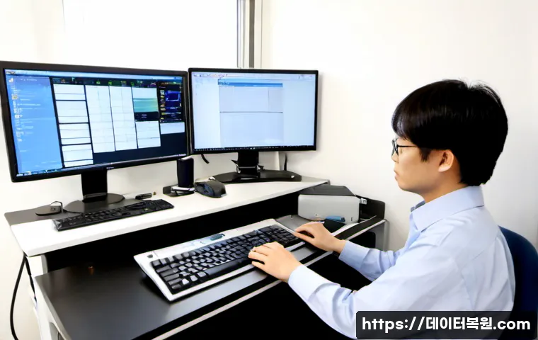 온수동 자동복구 - Photorealistic IT recovery workstation in a compact Onsu-dong office, dual monitors showing a clean ...