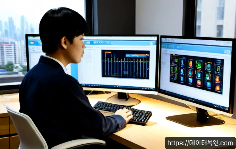 부림동 STATUS_KERNEL_APC_PENDING - Photorealistic remote IT support workstation in a compact Korean office, dual monitors showing abstr...