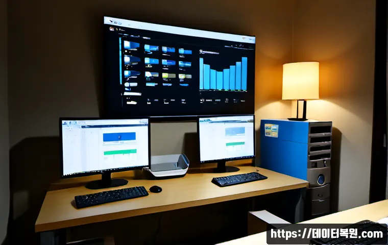신정동 해놀로지 xpenology 구축 - Photorealistic compact home office in Sinjeong-dong, Seoul, a quiet self-built NAS server with multi...
