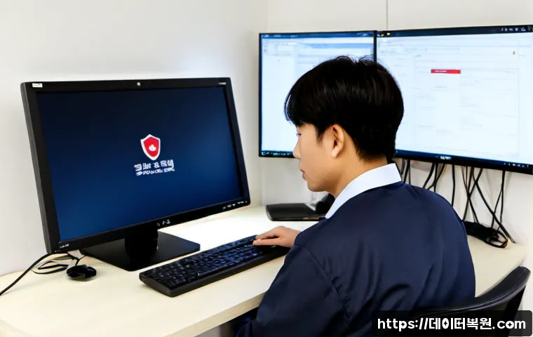 현석동 STATUS_NETWORK_ACCESS_DENIED - Photorealistic IT support workstation in a compact hillside office near a quiet Seoul neighborhood, ...