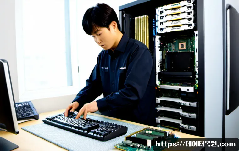 염리동 메모리조립 및 교체수리 - Photorealistic computer repair workstation in a compact Yeomni-dong apartment office, technician ins...