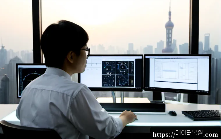 화동 STATUS_KERNEL_MODULE_FAILURE - Photorealistic Shanghai design studio at dawn, an engineer seated at a dual-monitor workstation with...