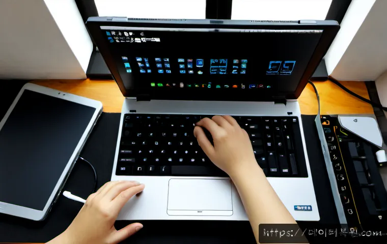 회기동 맥북에어 판매 및 수리 - Photorealistic premium laptop repair workstation in a compact Hoegi-dong electronics studio, ultra-t...