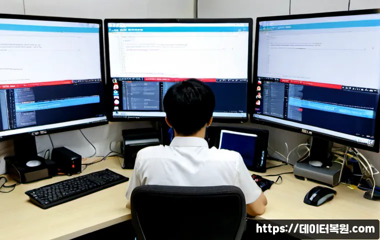재동 STATUS_KERNEL_ACCESS_DENIED - Photorealistic IT support workstation in a compact Seoul office, dual monitors showing a generic sof...