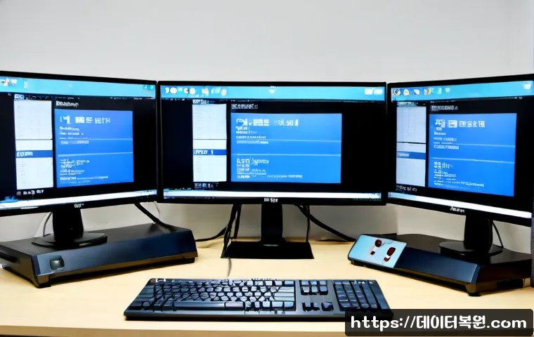 원효로 VIDEO_MEMORY_MANAGEMENT_INTERNAL - Photorealistic IT support workstation in a compact Wonhyo-ro office, dual monitors showing a blank b...