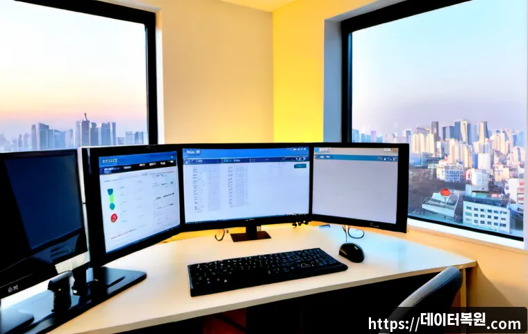보라매동 MULTIPLE_IRP_COMPLETE_REQUESTS - Photorealistic remote-support workstation in a compact Boramae-dong apartment office, dual monitors ...