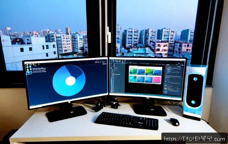 도림동 IRQL_NOT_LESS_OR_EQUAL - Photorealistic remote IT support workstation in a compact Dorim-dong apartment office, dual monitors...