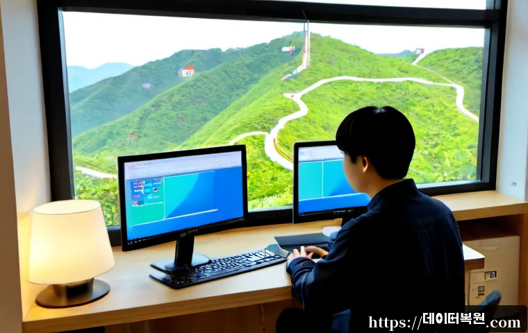 신수동 STATUS_KERNEL_BLOCKED - Photorealistic software support workstation in a compact Sinsu-dong apartment office, dual monitors ...